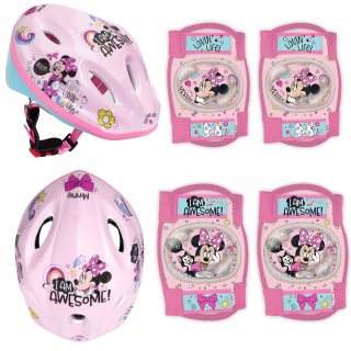 CYKLISTICKÁ PRILBA pre deti MINNIE Mouse 52-56 cm + CHRÁNIČE NA BICYKEL KOLENÁ LAKTE RUŽOVÁ MINNIE
